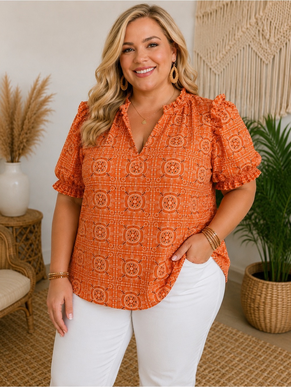 Sam Edelman XL Coral Embroidered Eyelet Boho Puff Sleeve Blouse